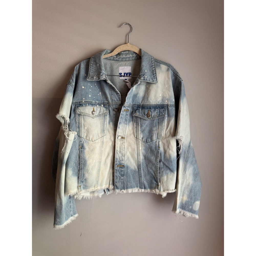 SJYP Steve J & Yoni P Distressed Acid Wash Denim Jacket Light Blue White Small